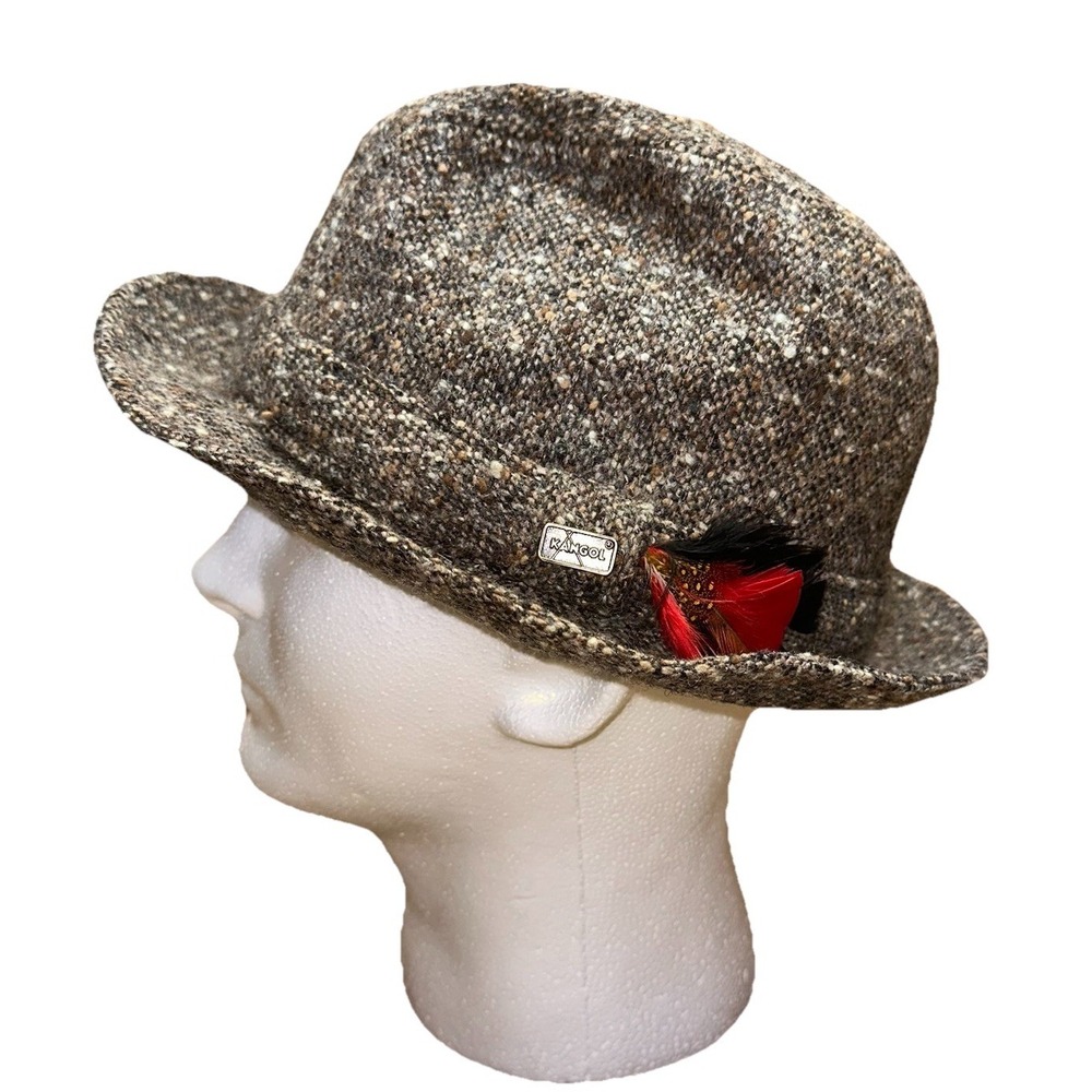 Vintage 80s Kangol Wool Tweed Fedora Hat Feather Metal Badge USA Hip-Hop Men's L